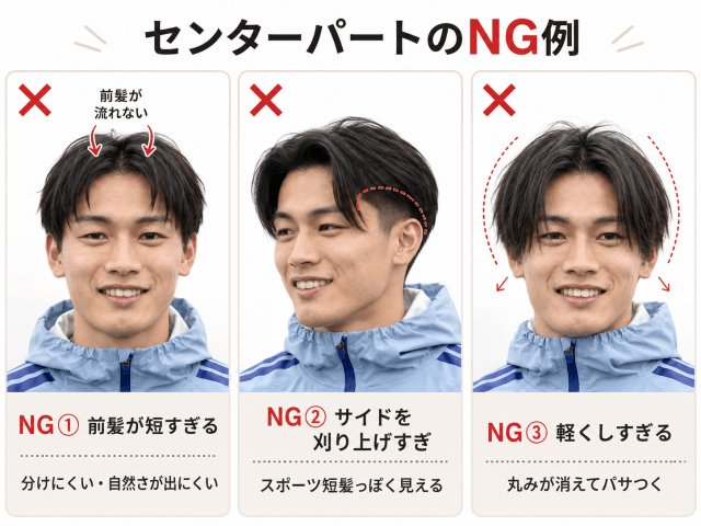 上田綺世風ヘアで前髪を短くしすぎたり軽くしすぎたりした失敗例の参考画像