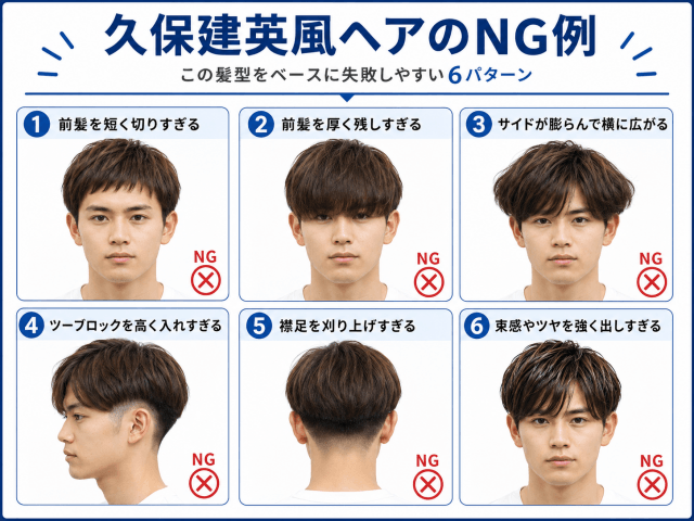 久保建英風ヘアで失敗しやすい前髪の短さや横の膨らみ、刈り上げの強さを示したNG例イメージ