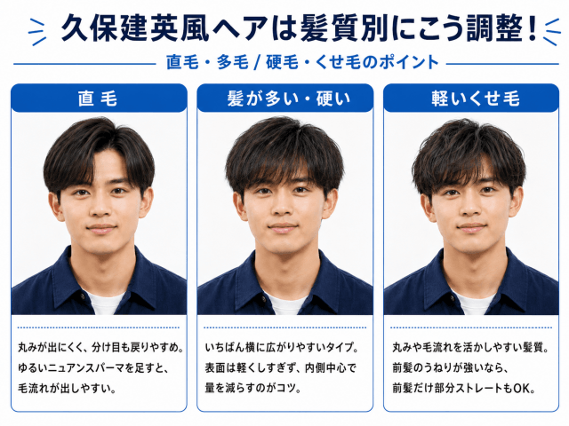 久保建英風ヘアを髪質別に解説した画像。直毛、多毛で硬い髪、軽いくせ毛それぞれの調整ポイントをまとめた図