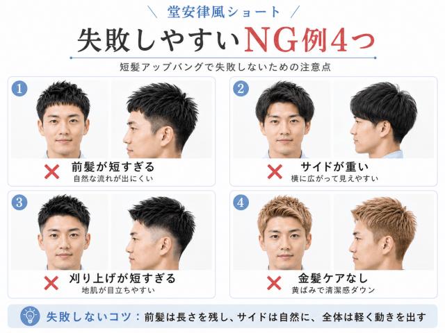 堂安律風アップバングショートで失敗しやすい前髪・サイド・刈り上げ・金髪ケアのNG例を比較した画像