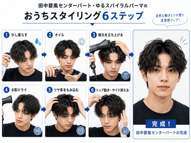 田中碧風センターパート・ゆるスパイラルパーマのスタイリング方法