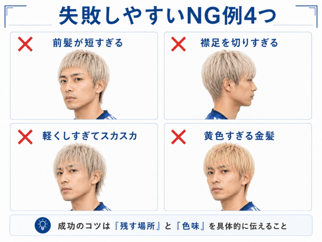 伊東純也風の髪型で失敗しやすい前髪・襟足・毛量・金髪の色味のNG例4つ
