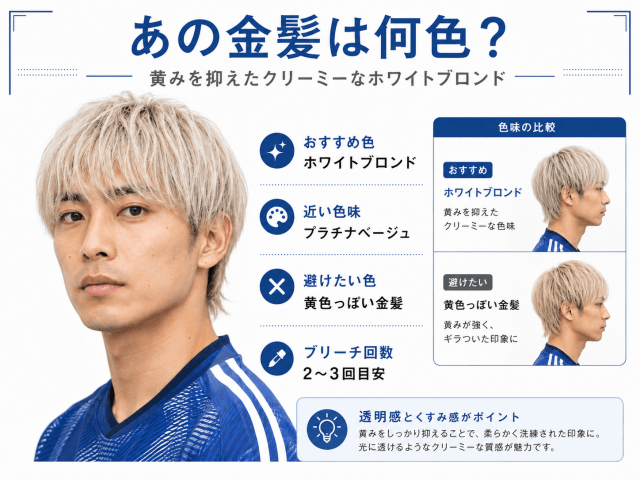 伊東純也風のホワイトブロンドと黄色っぽい金髪の違い、ブリーチ回数を解説した画像
