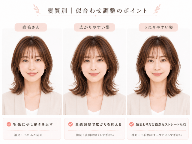 直毛・毛量が多い髪・くせ毛別のネオウルフの似合わせ調整