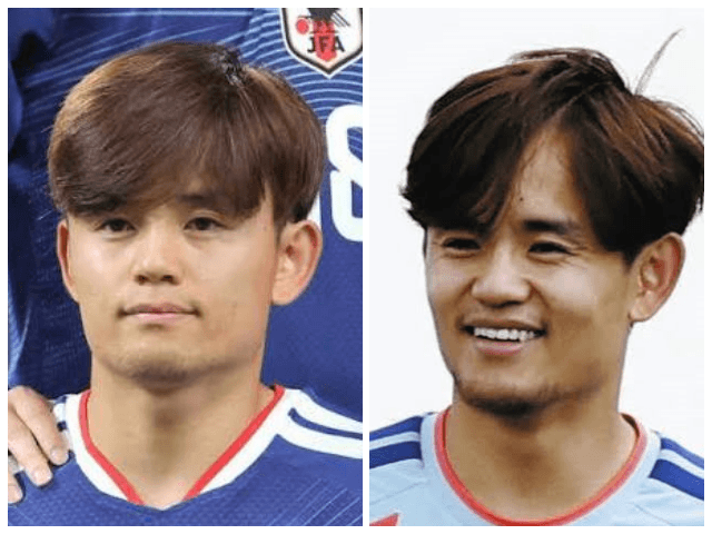 久保建英選手の最新髪型を正面と横から比較したコラージュ画像