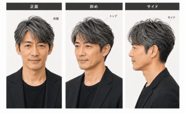 美容室で見せる反町隆史さん風髪型の正面・斜め・サイド画像