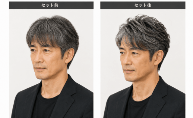 反町隆史さん風の大人の毛流れショートのセット前とセット後