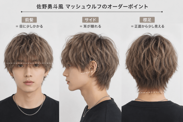 佐野勇斗風マッシュウルフの前髪、サイド、襟足の長さが一度に分かる画像