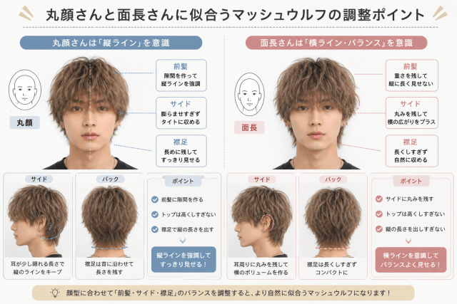丸顔と面長に似合うマッシュウルフの調整方法