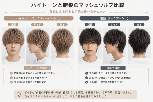 ハイトーンと黒髪のマッシュウルフを並べた画像