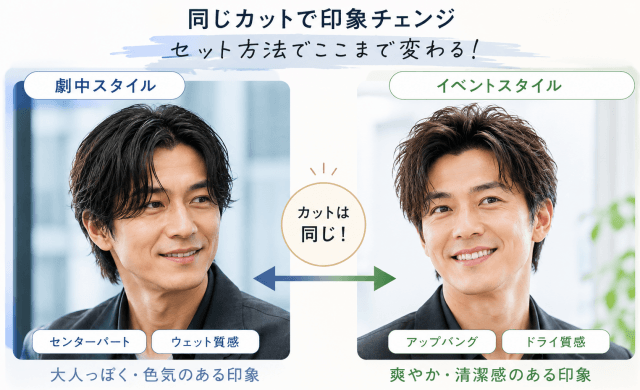 小栗旬のガス人間劇中スタイルとイベントスタイルの違いを比較した髪型画像