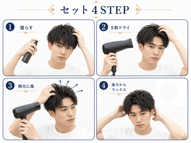 石川祐希風ヘアのセット手順イメージ|ドライとスタイリングの流れ