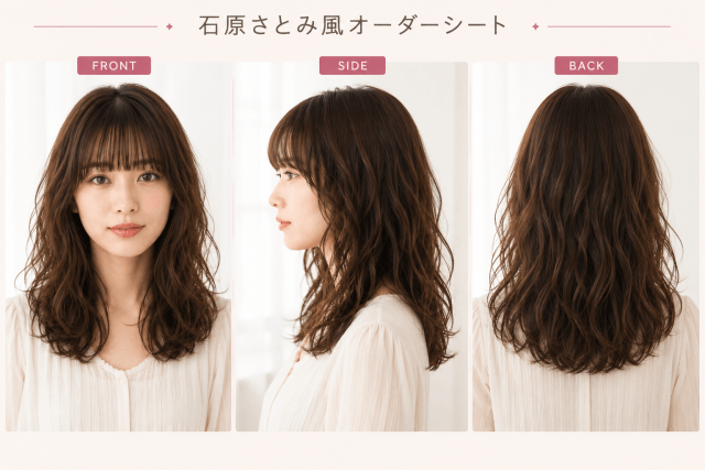 石原さとみ『ポリティカルパン』風髪型の美容室オーダーシート正面・横・後ろ