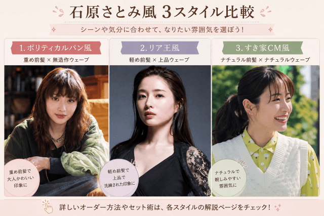 石原さとみの髪型比較|ポリティカルパン・リア王・すき家CMの3スタイル