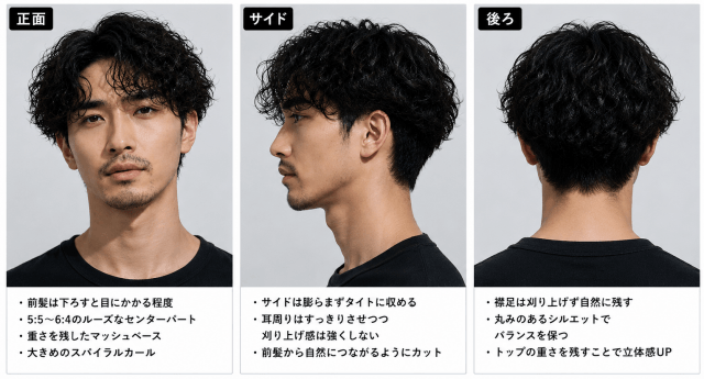 LOST10風パーマヘアの正面・サイド・後ろから見たオーダー参考画像
