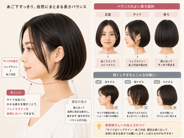杉咲花風ボブのあごラインと襟足の長さを横から解説した画像
