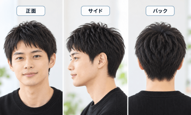 坂口健太郎風ショートレイヤーを正面・サイド・バックの3方向から見たイメージ