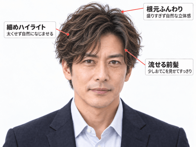 40代男性の木村拓哉風ニュアンスパーマと細めハイライト・流せる前髪のポイント