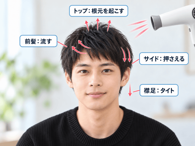 坂口健太郎風ショートヘアの前髪・トップ・サイド・襟足のドライヤー方向