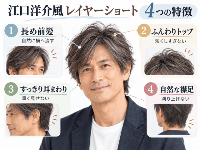 江口洋介風レイヤーショートの4つの特徴を解説した画像