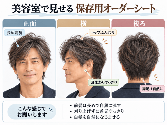 江口洋介風レイヤーショートの美容室オーダーシート正面・横・後ろ
