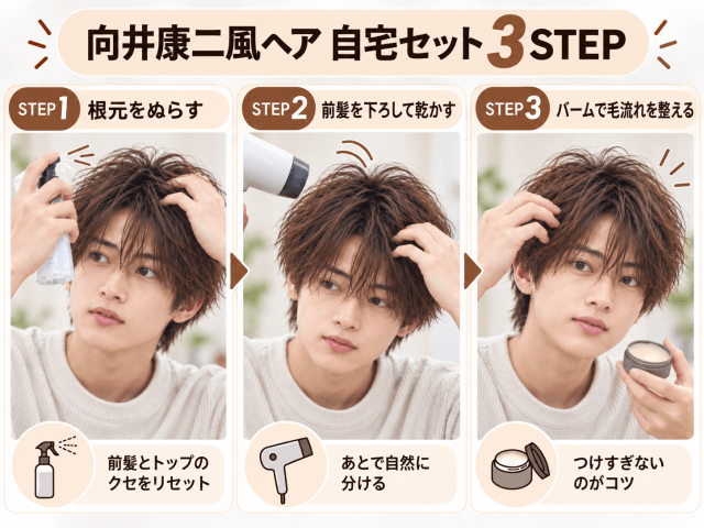 向井康二風センターパートマッシュの自宅セット3STEP