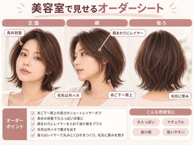 山本舞香風外ハネレイヤーボブの美容室オーダーシート正面横後ろ