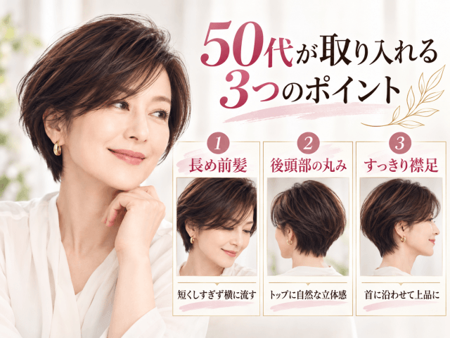 50代が鈴木京香風ショートを取り入れる長め前髪・後頭部の丸み・襟足のポイント