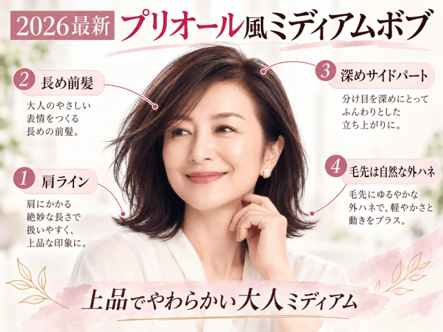 2026年最新の鈴木京香風プリオールの大人ミディアムボブ