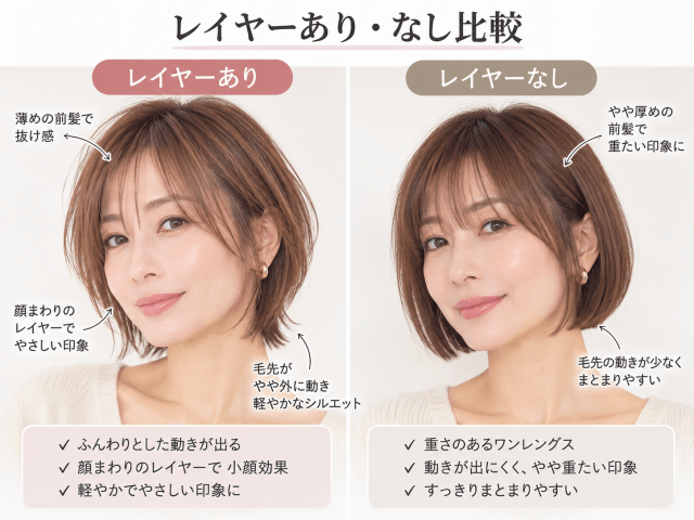 レイヤーショートボブのレイヤーあり・なし比較。顔まわりと襟足の毛先の違いが分かる説明用画像