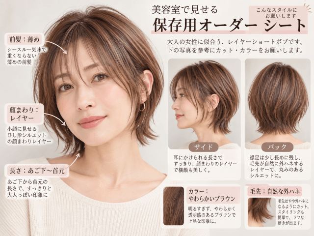 レイヤーショートボブの保存用オーダーシート。正面・横・後ろのシルエットと前髪・襟足のポイント