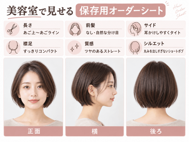 河合優実風ショートボブの美容室オーダーシート正面・横・後ろ