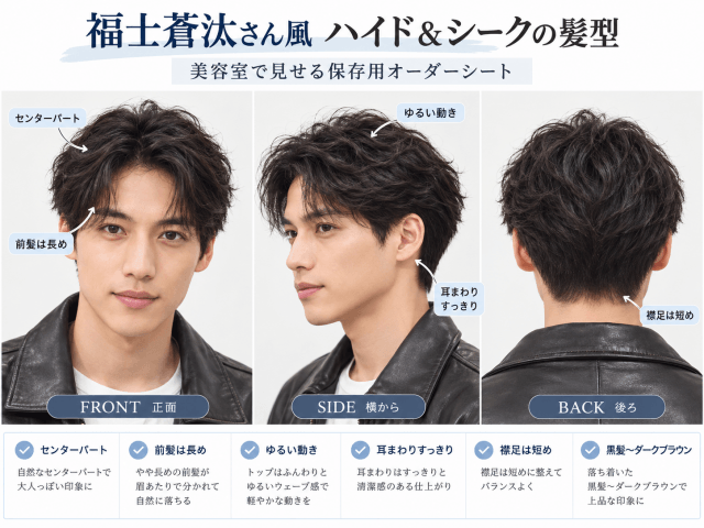 福士蒼汰風センターパートの美容室オーダーシート正面・横・後ろ