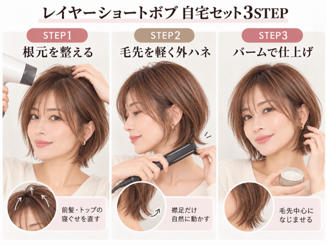 レイヤーショートボブの自宅セット3STEP。根元のドライヤー、襟足の外ハネ、バームで仕上げる方法
