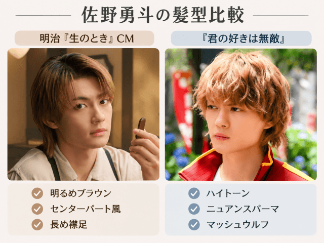 佐野勇斗の明治CMと君の好きは無敵の髪型を比較
