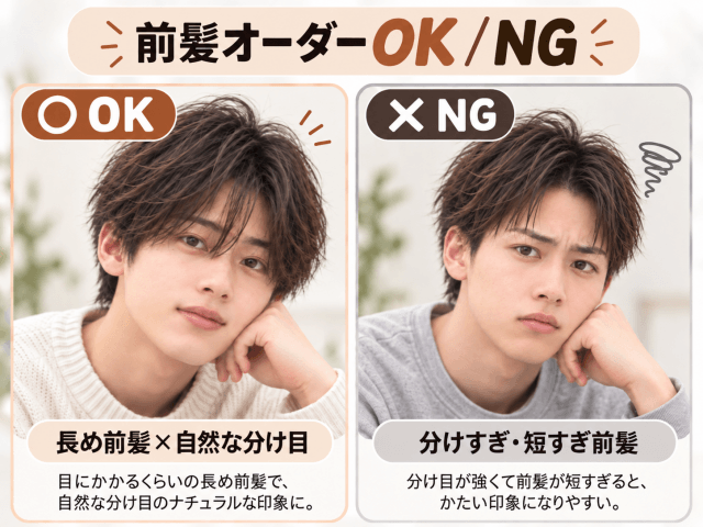 向井康二風ヘアの長め前髪と分けすぎた前髪のOKNG比較